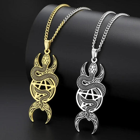 Wicca Triple Moon Goddess Necklace Gothic Pentagram Snake Necklace Witch Jewelry-MoonChildWorld