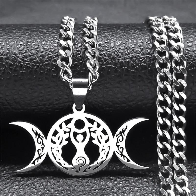 Luxurious stainless steel Triple Moon Goddess necklace with intricate Wiccan design, 50cm curb chain.