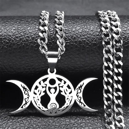 Luxurious stainless steel Triple Moon Goddess necklace with intricate Wiccan design, 50cm curb chain.