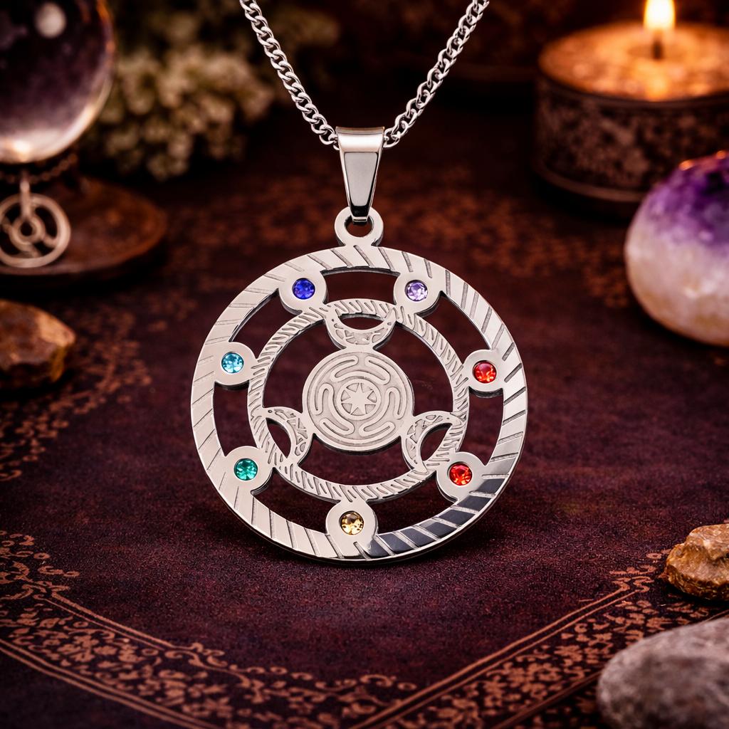 Wicca Triple Moon Hecate Wheel Rhinestones 7 Chakras Pendant Necklace Hekate Witch Jewelry-MoonChildWorld