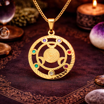 Wicca Triple Moon Hecate Wheel Rhinestones 7 Chakras Pendant Necklace Hekate Witch Jewelry-MoonChildWorld