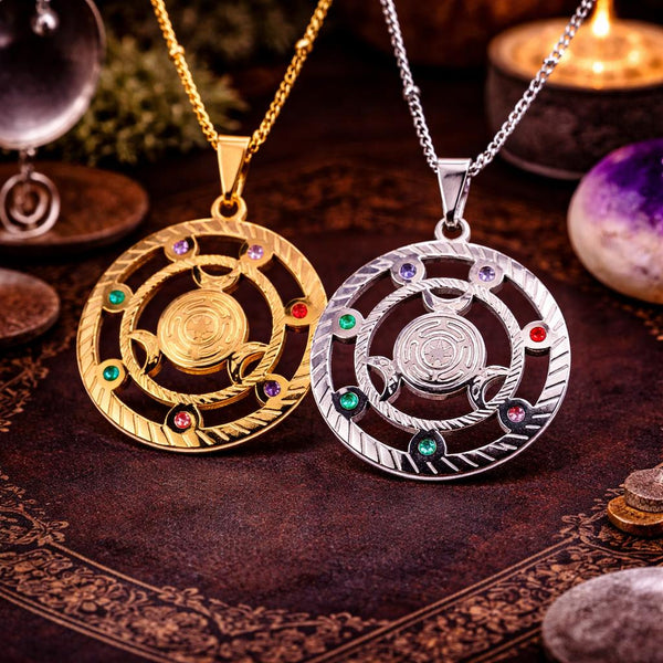 Wicca Triple Moon Hecate Wheel Rhinestones 7 Chakras Pendant Necklace Hekate Witch Jewelry-MoonChildWorld
