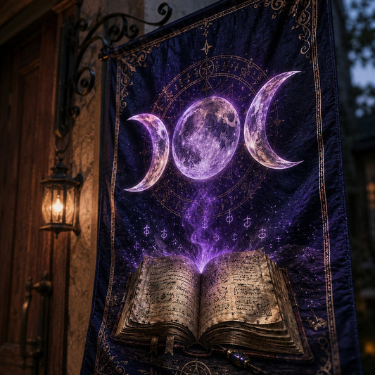 Wicca Triple Moon house flag displayed outdoors on a porch flag stand