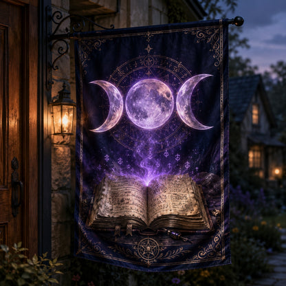 Wicca Triple Moon house flag with open spellbook lunar design
