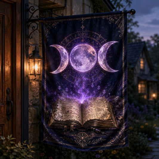 Wicca Triple Moon house flag with open spellbook lunar design