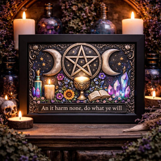 Wicca Triple Moon & Pentacle Canvas Wall Art - Pagan Black Framed Print for Altar and Sacred Space-MoonChildWorld