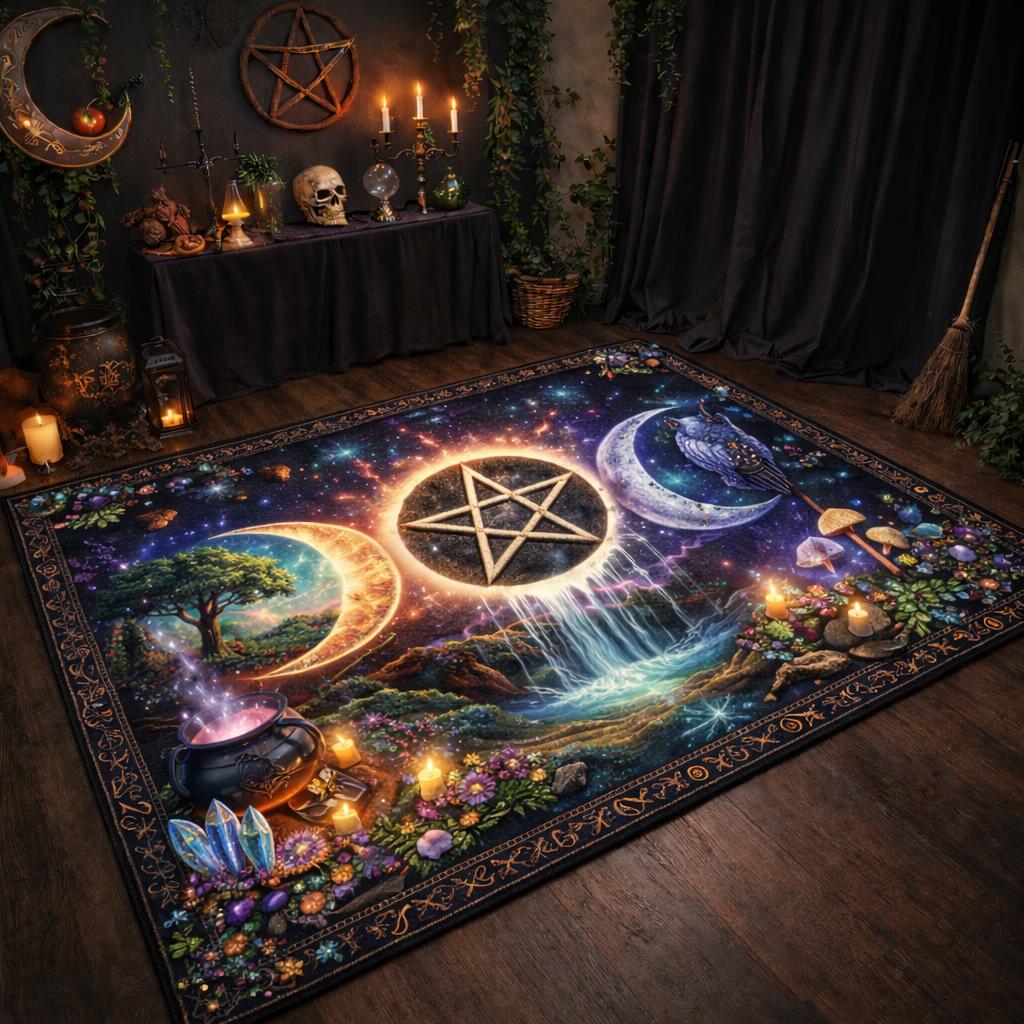 Wicca Triple Moon & Pentagram Area Rug - Spiritual Pagan Carpet-MoonChildWorld