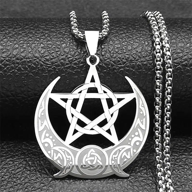 Wicca Triple Moon Pentagram Necklace Witch Trinity Knot Necklace-MoonChildWorld