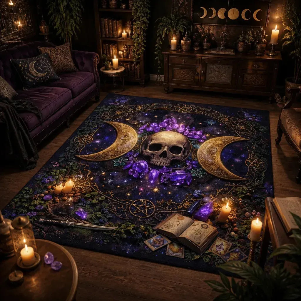 Wicca Triple Moon & Skull Witchcraft Area Rug – Witchy Raven Halloween Carpet for Gothic Decor_mockup_1.webp
