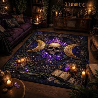Wicca Triple Moon & Skull Witchcraft Area Rug – Witchy Raven Halloween Carpet for Gothic Decor_mockup_1.webp