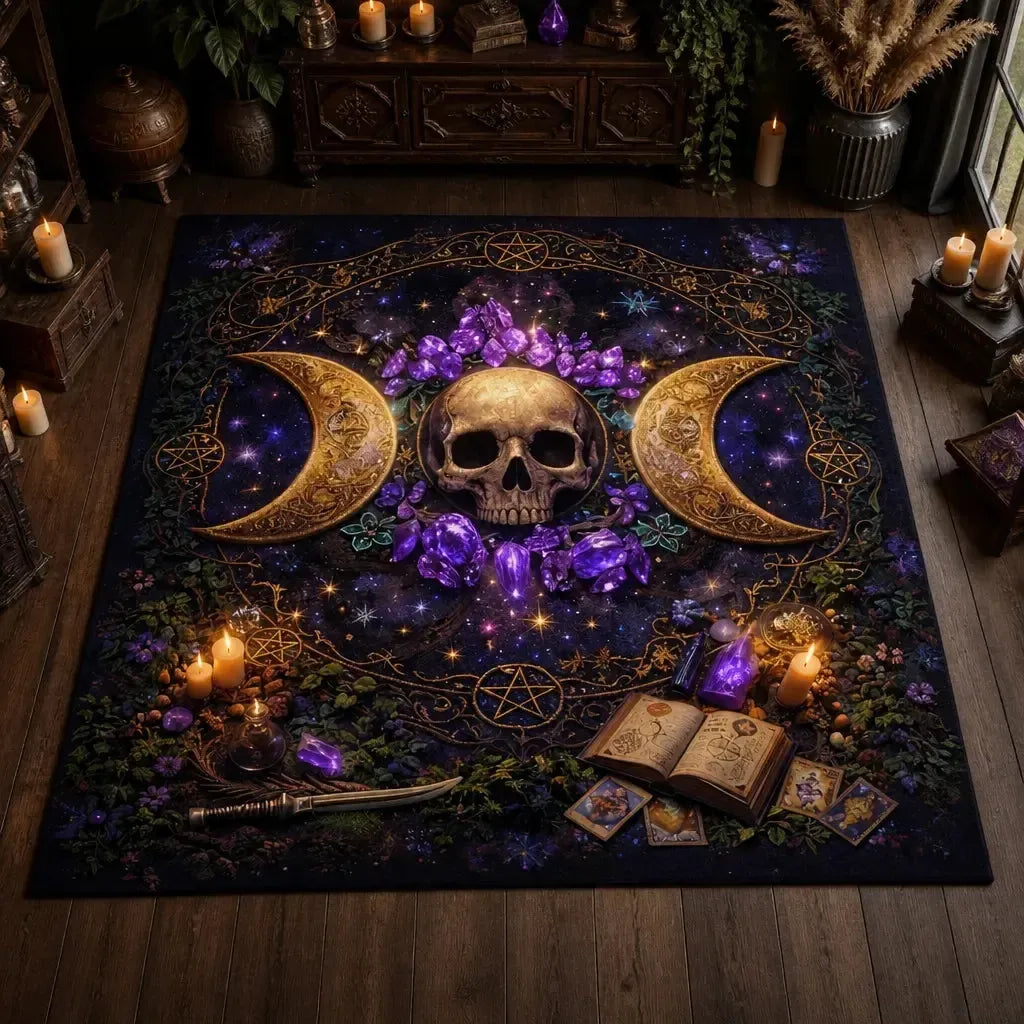 Wicca Triple Moon & Skull Witchcraft Area Rug – Witchy Raven Halloween Carpet for Gothic Decor_mockup_2.webp