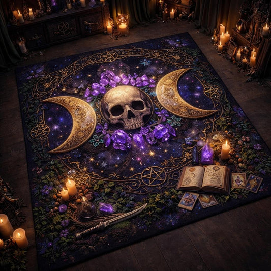 Wicca Triple Moon & Skull Witchcraft Area Rug – Witchy Raven Halloween Carpet for Gothic Decor-MoonChildWorld