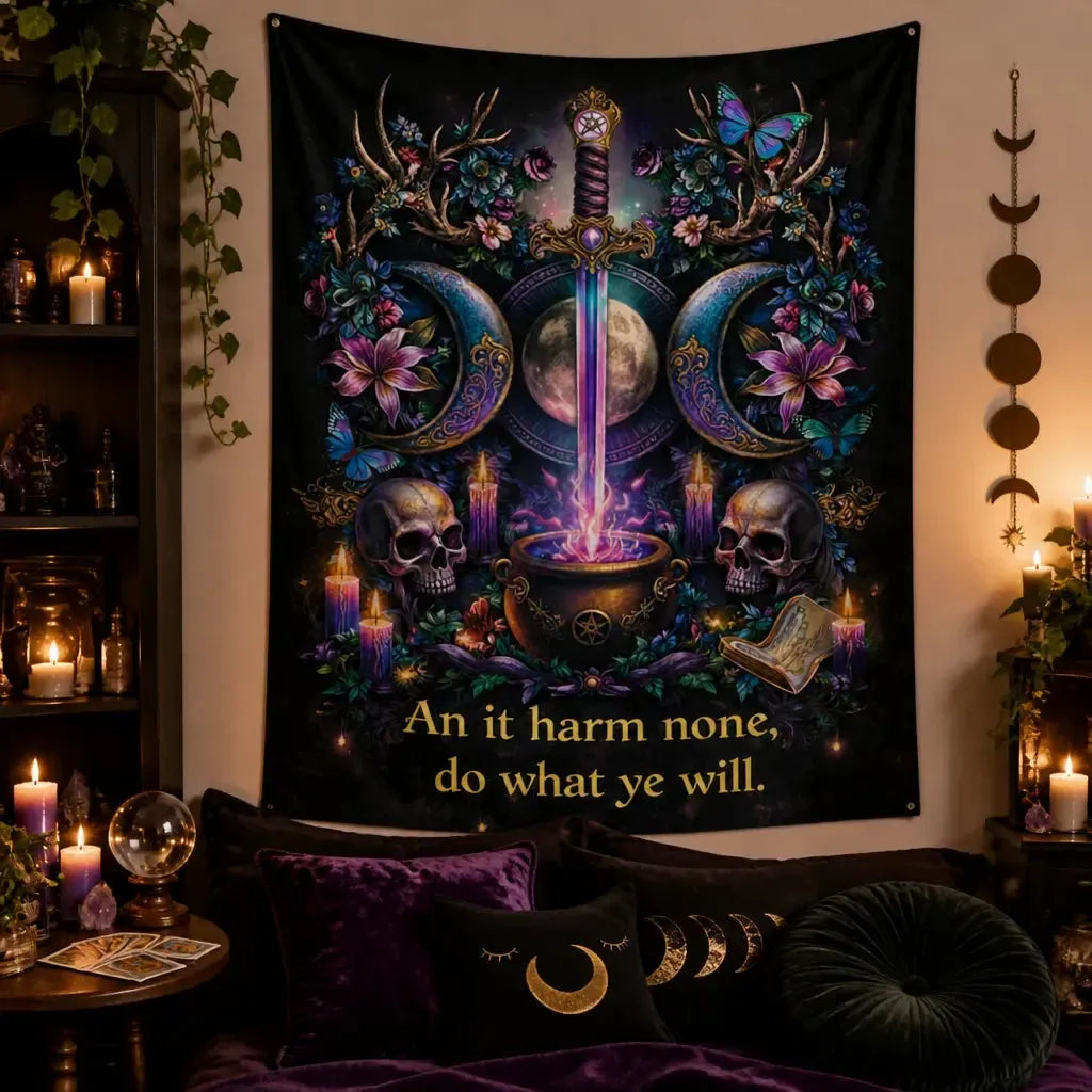 Wicca Triple Moon, Sword & Gothic Skull Tapestry Witchy Wall Hanging_mockup_1.webp