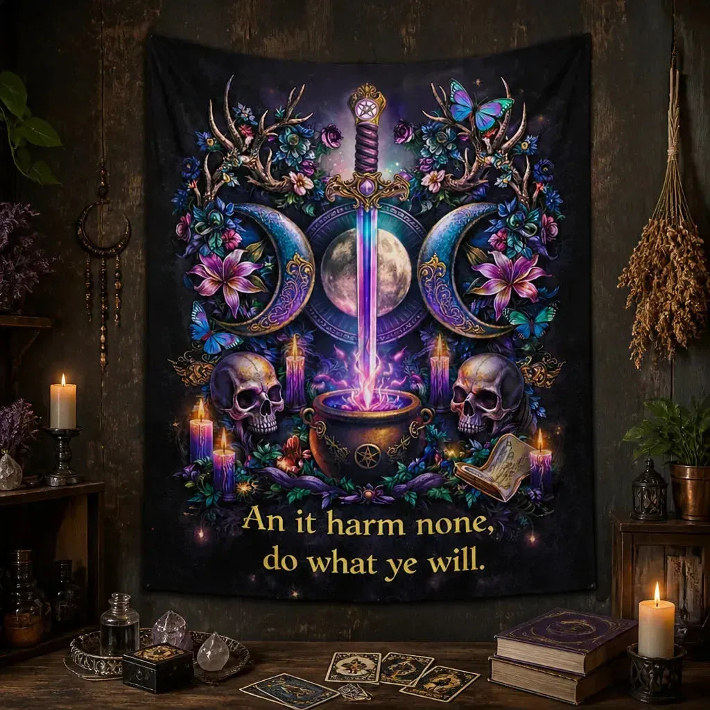 Wicca Triple Moon, Sword & Gothic Skull Tapestry Witchy Wall Hanging_mockup_2.webp