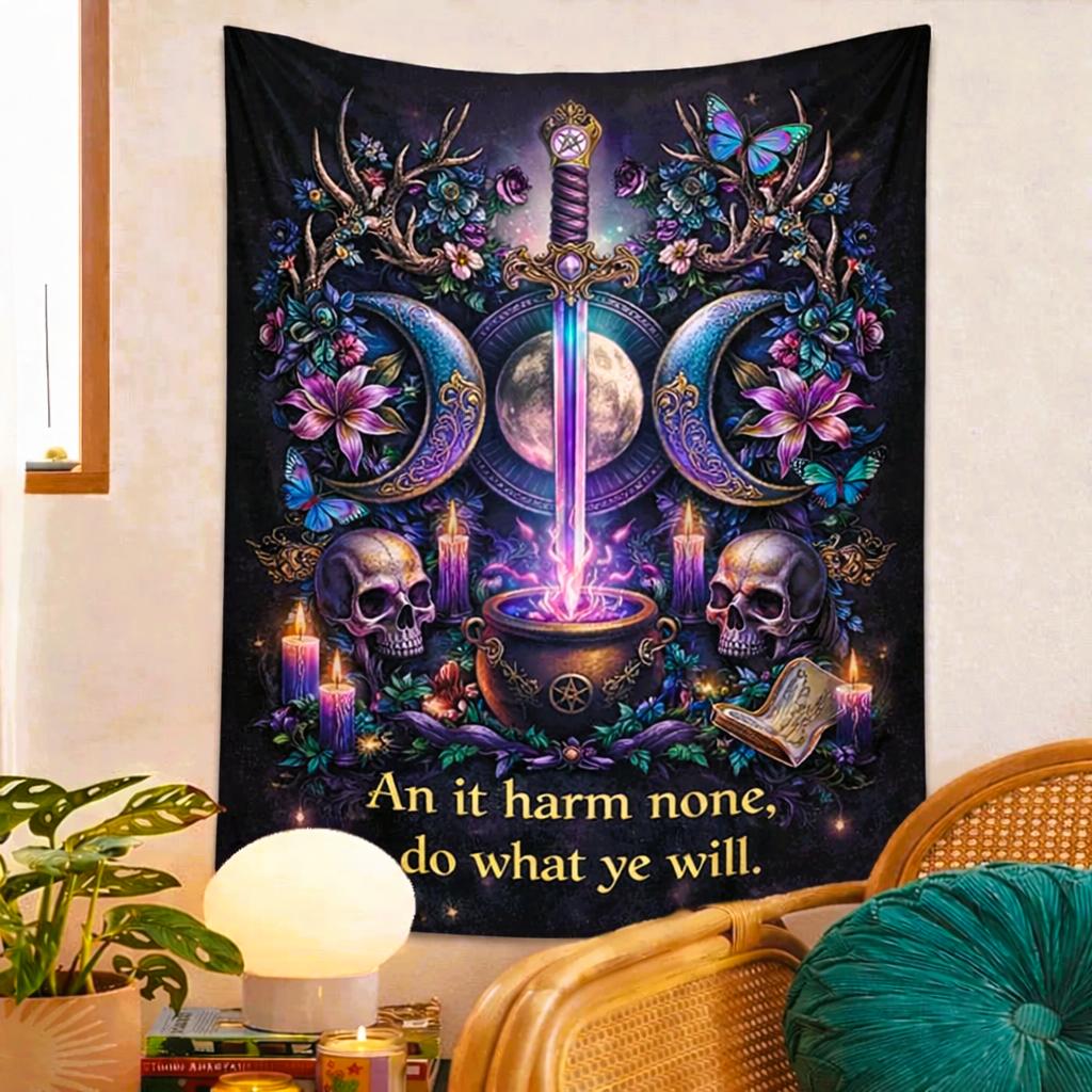 Wicca Triple Moon, Sword & Gothic Skull Tapestry Witchy Wall Hanging-MoonChildWorld