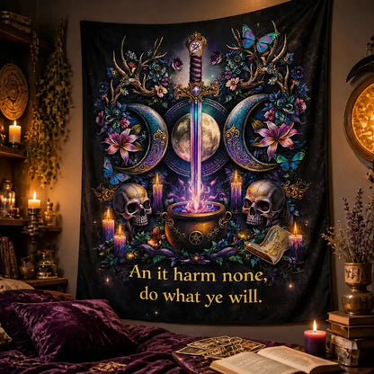 Wicca Triple Moon, Sword & Gothic Skull Tapestry Witchy Wall Hanging_mockup_3.webp
