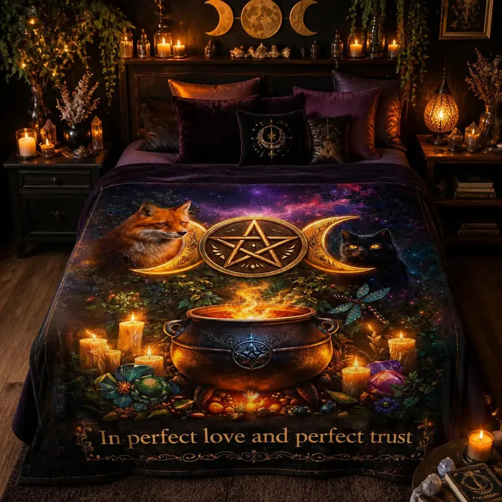 Wicca Triple Moon & Witchy Cauldron, Black Cat, Fox Blanket for Witchy Home Decor_mockup_1.webp
