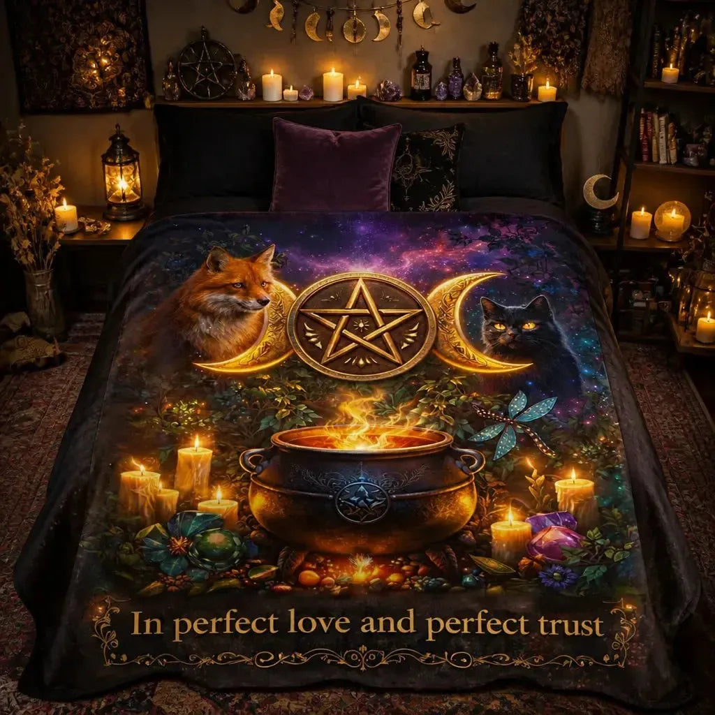 Wicca Triple Moon & Witchy Cauldron, Black Cat, Fox Blanket for Witchy Home Decor_mockup_2.webp