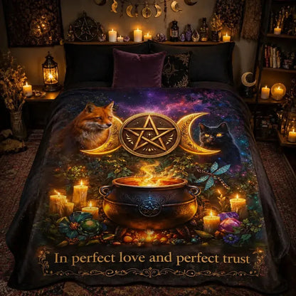 Wicca Triple Moon & Witchy Cauldron, Black Cat, Fox Blanket for Witchy Home Decor_mockup_2.webp