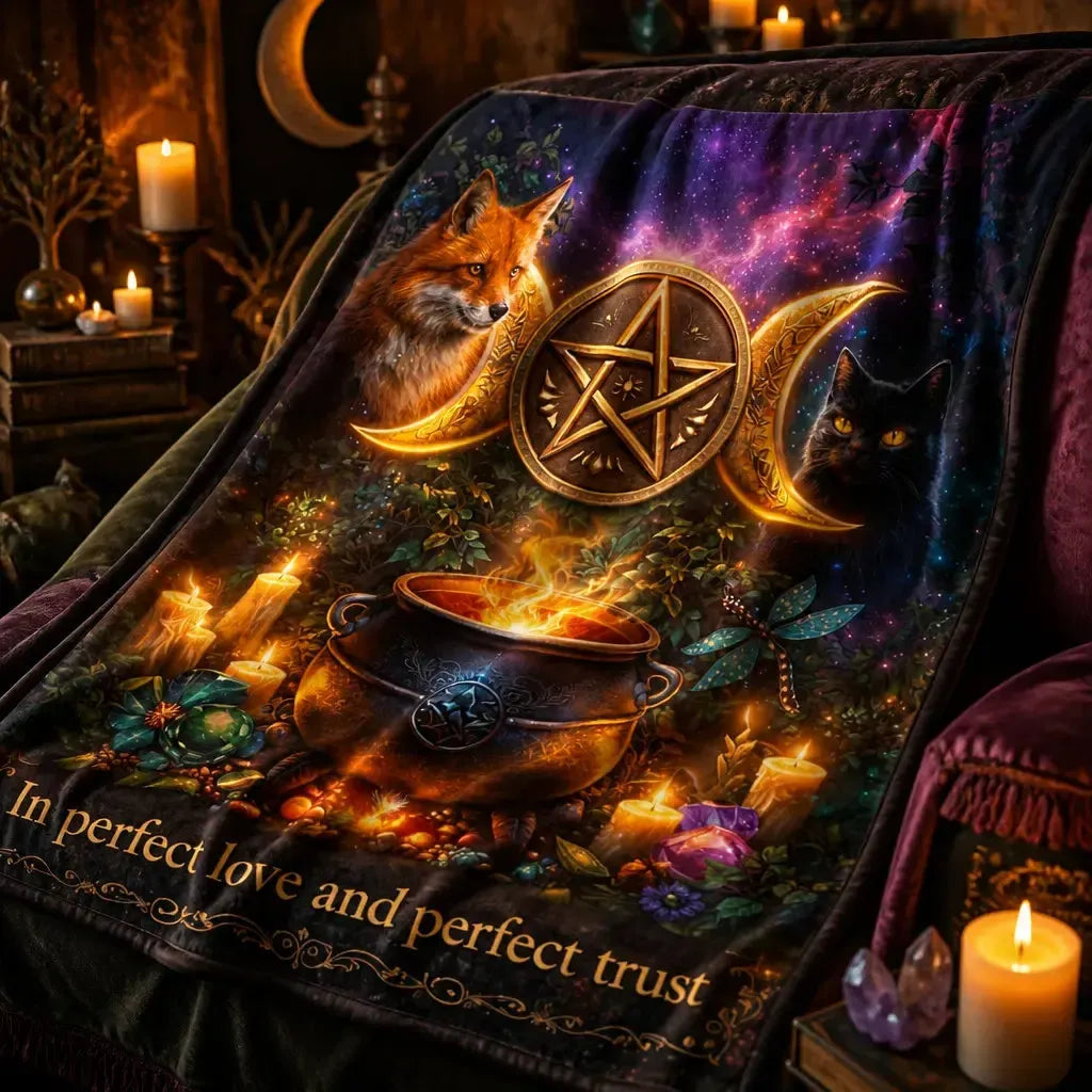 Wicca Triple Moon & Witchy Cauldron, Black Cat, Fox Blanket for Witchy Home Decor_mockup_3.webp