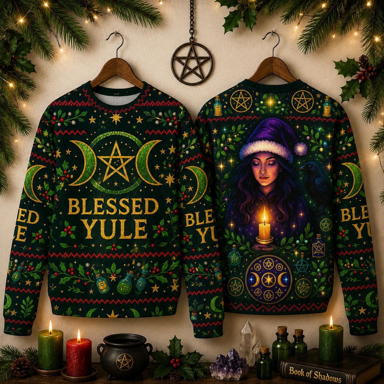 Wicca Triple moon Blessed Yule Sweatshirt Pagan Christmas Sweater-MoonChildWorld