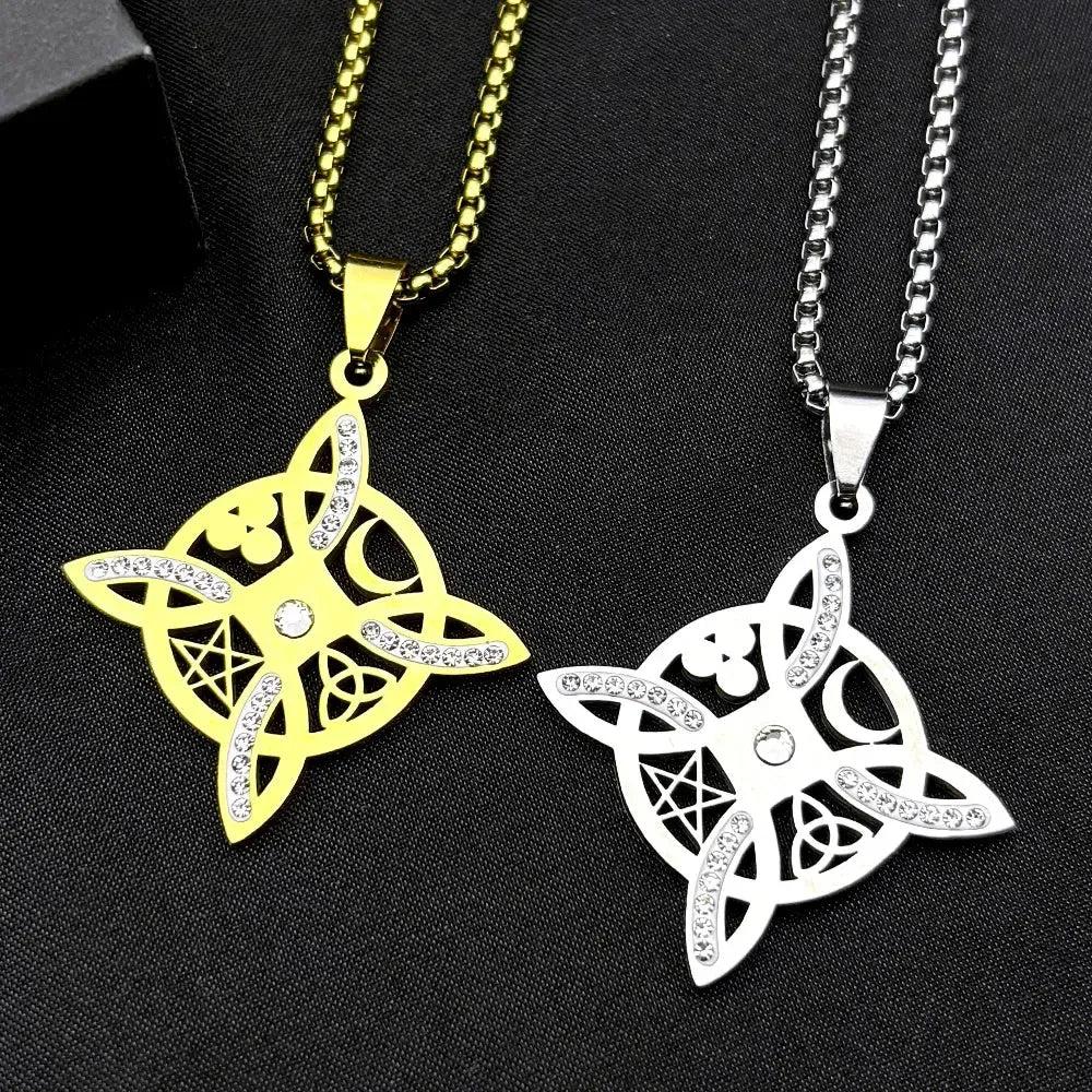Wicca Triquetra Celtic Knot Necklace Rhinestone Moon Celtic Pentacle Witchy Necklace Pagan Jewelry-MoonChildWorld