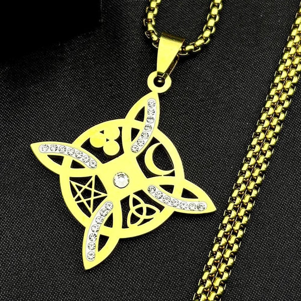 Wicca Triquetra Celtic Knot Necklace Rhinestone Moon Celtic Pentacle Witchy Necklace Pagan Jewelry-MoonChildWorld
