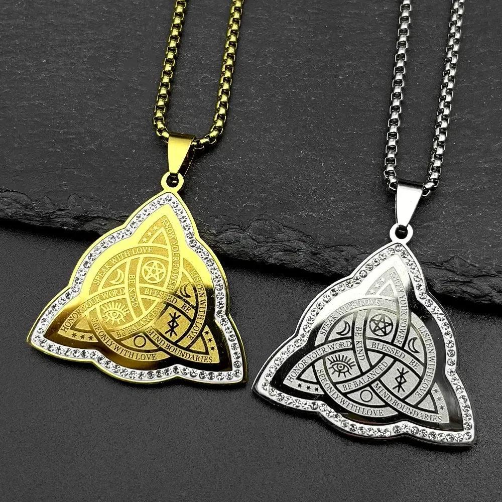 Wicca Triquetra Celtic Knot Necklace Rhinestone Moon Pentacle Witchcraft Necklace Pagan Symbol Jewelry-MoonChildWorld