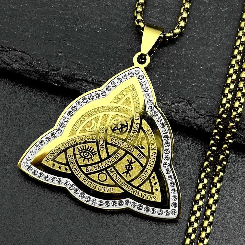 Wicca Triquetra Celtic Knot Necklace Rhinestone Moon Pentacle Witchcraft Necklace Pagan Symbol Jewelry-MoonChildWorld