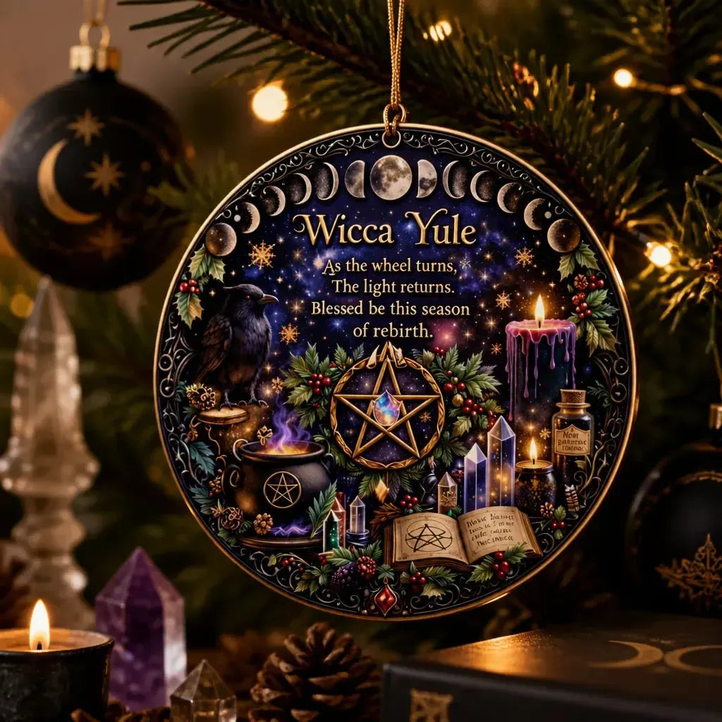 Wicca Yule Ceramic Ornament with Moon Phase, Raven – Witchy Christmas Ornament Pagan Holiday Decor_mockup_1.webp