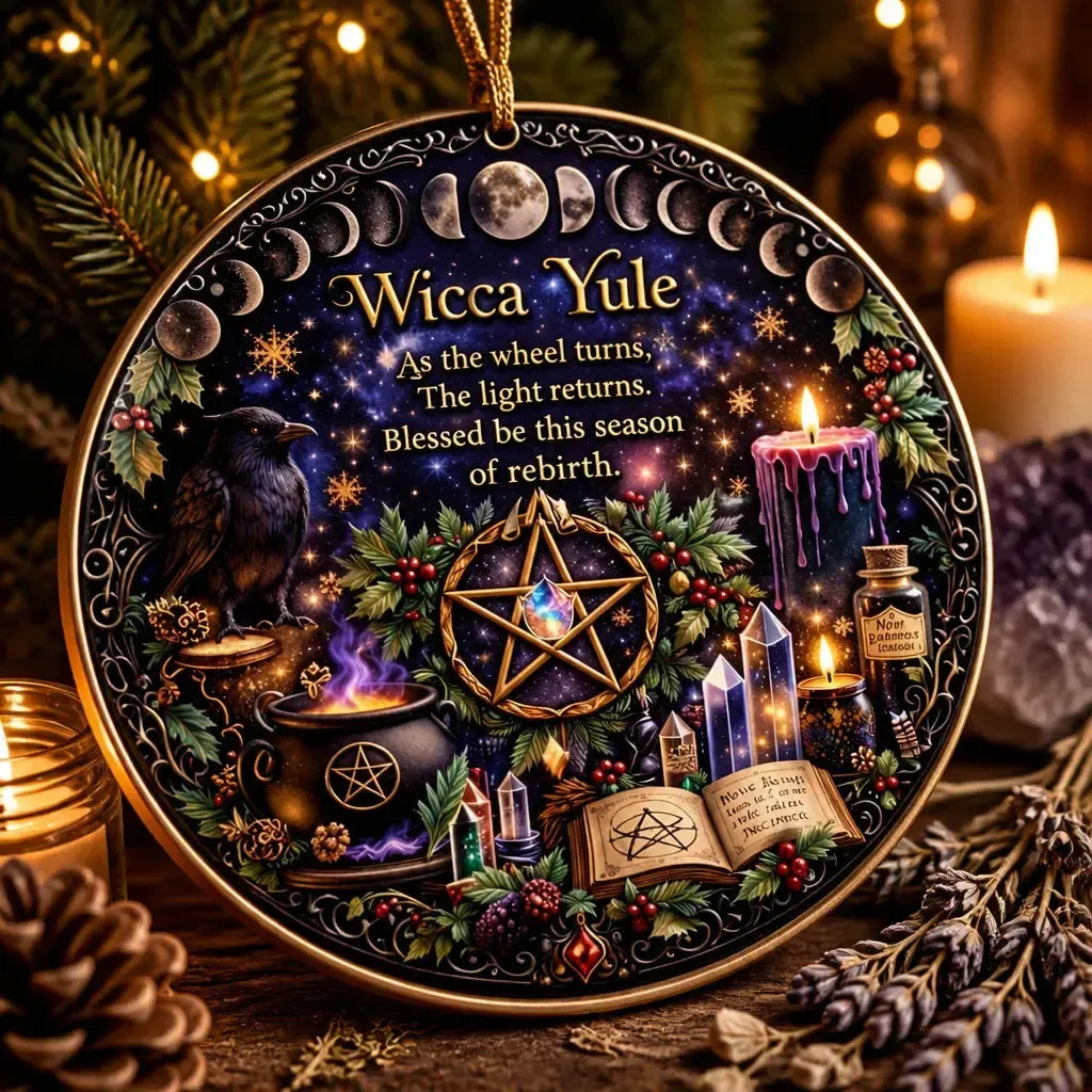Wicca Yule Ceramic Ornament with Moon Phase, Raven – Witchy Christmas Ornament Pagan Holiday Decor_mockup_2.webp
