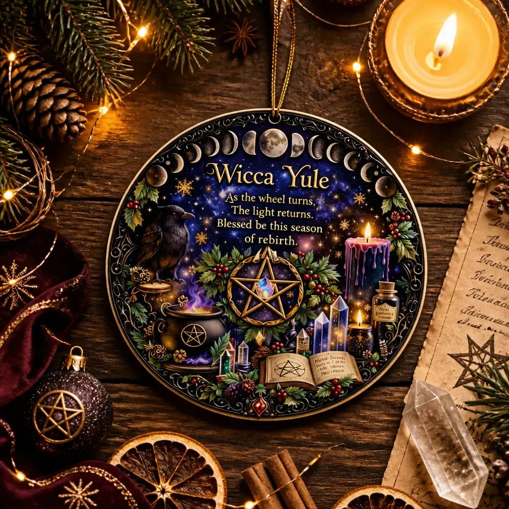 Wicca Yule Ceramic Ornament with Moon Phase, Raven – Witchy Christmas Ornament Pagan Holiday Decor_mockup_3.webp