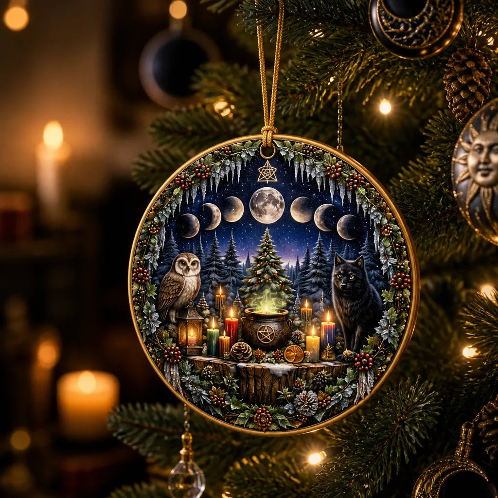 Wicca Yule Ceramic Ornament with Moon phases, Owl, Black Cat – Pagan Yule Ornament_mockup_1.webp