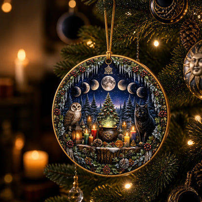 Wicca Yule Ceramic Ornament with Moon phases, Owl, Black Cat – Pagan Yule Ornament_mockup_1.webp
