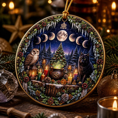 Wicca Yule Ceramic Ornament with Moon phases, Owl, Black Cat – Pagan Yule Ornament_mockup_2.webp