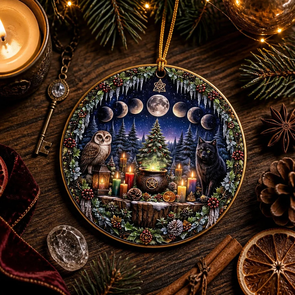 Wicca Yule Ceramic Ornament with Moon phases, Owl, Black Cat – Pagan Yule Ornament_mockup_3.webp