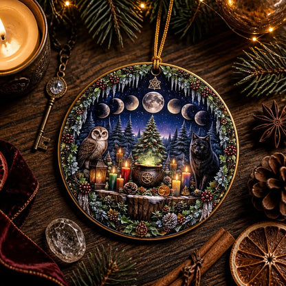 Wicca Yule Ceramic Ornament with Moon phases, Owl, Black Cat – Pagan Yule Ornament_mockup_3.webp