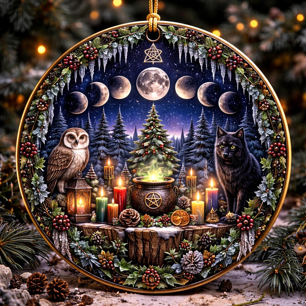 Wicca Yule Ceramic Ornament with Moon phases, Owl, Black Cat – Pagan Yule Ornament-MoonChildWorld