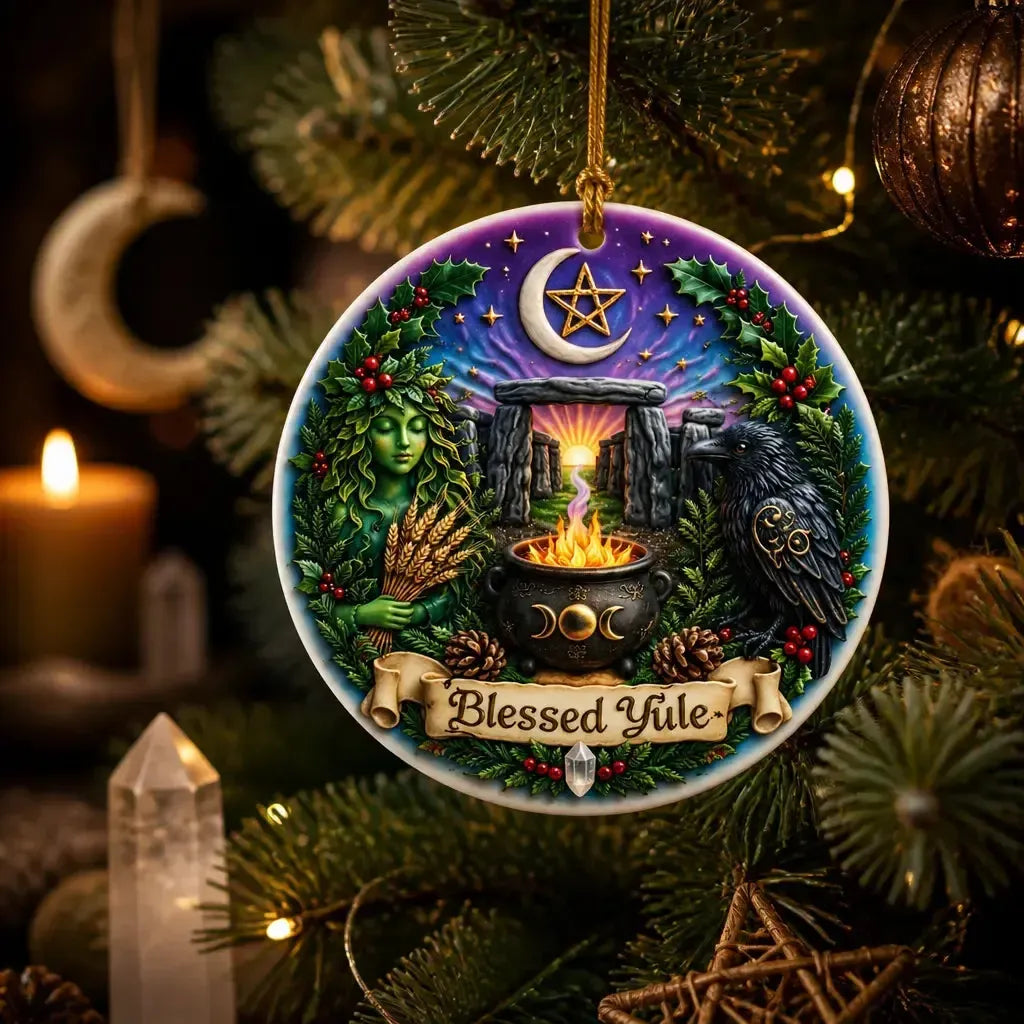 Wicca and Pagan Yule Ceramic Ornament – Witchy Raven Christmas Decoration_mockup_1.webp