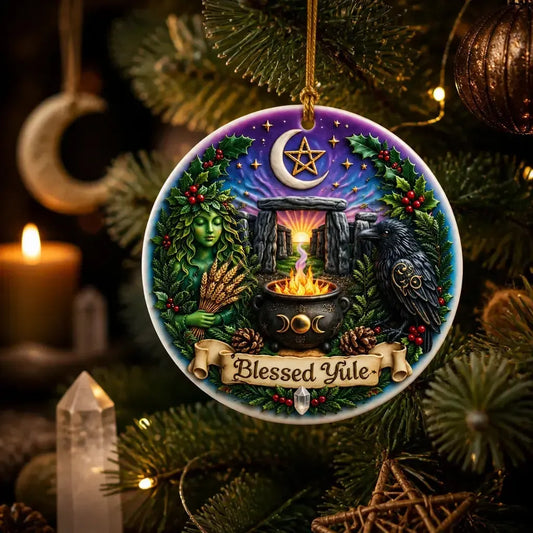Wicca and Pagan Yule Ceramic Ornament – Witchy Raven Christmas Decoration_mockup_1.webp