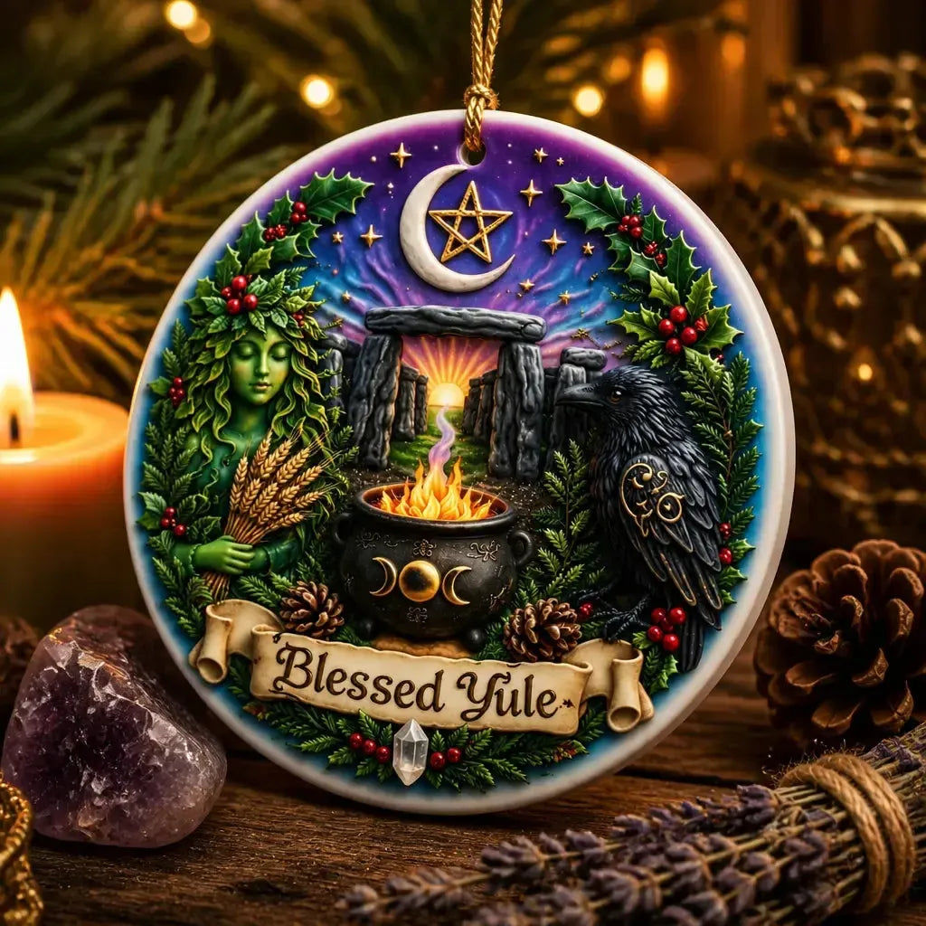 Wicca and Pagan Yule Ceramic Ornament – Witchy Raven Christmas Decoration_mockup_2.webp