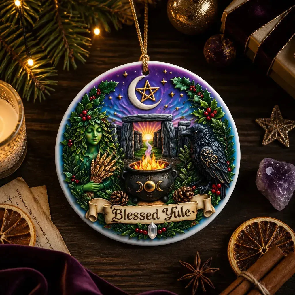 Wicca and Pagan Yule Ceramic Ornament – Witchy Raven Christmas Decoration_mockup_3.webp