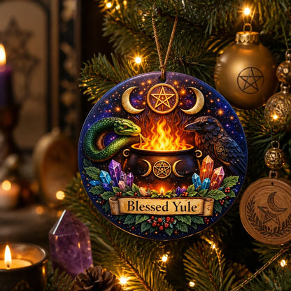 Wicca and Pagan Yule Ceramic Ornament with Raven, Snake – Witchy Christmas Decoration_mockup_1.webp