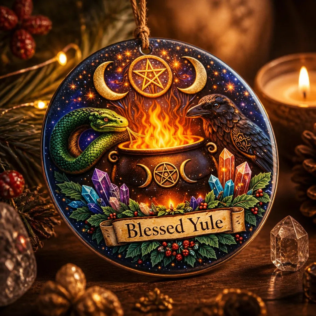 Wicca and Pagan Yule Ceramic Ornament with Raven, Snake – Witchy Christmas Decoration_mockup_2.webp