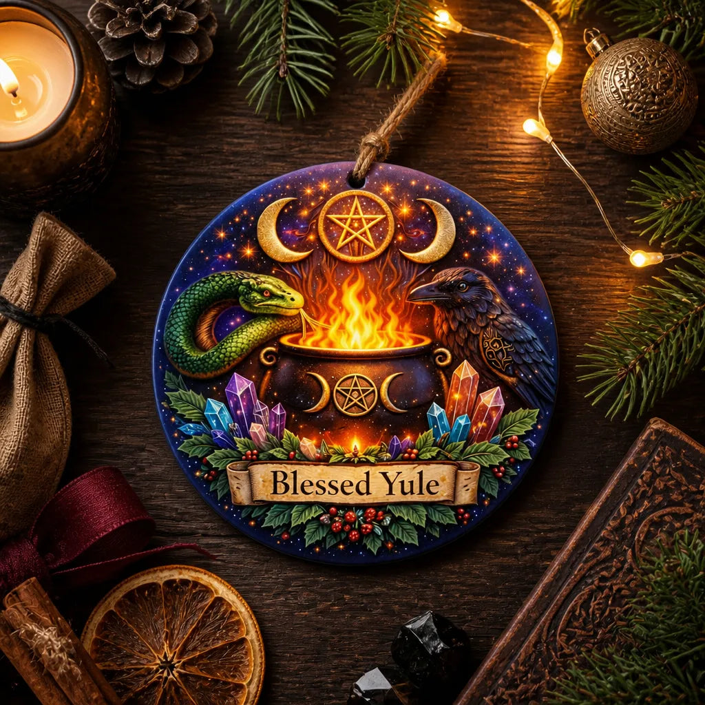 Wicca and Pagan Yule Ceramic Ornament with Raven, Snake – Witchy Christmas Decoration_mockup_3.webp