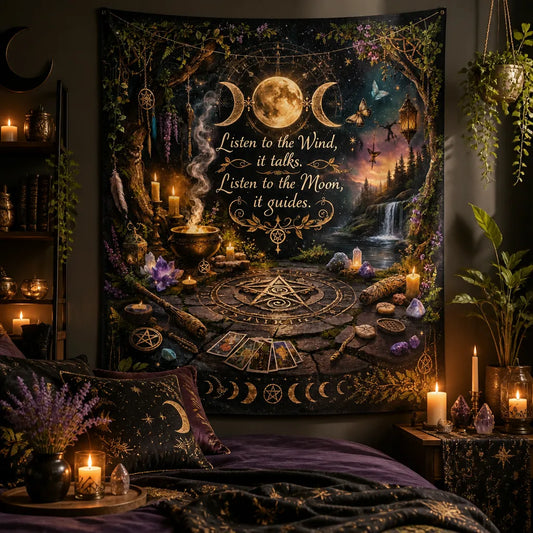 Wiccan Altar Wall Hanging - Witchy Pagan Tapestry with Tree of Life, Triple Moon, Pentagram_mockup_1.webp