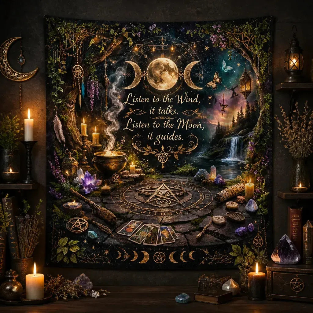 Wiccan Altar Wall Hanging - Witchy Pagan Tapestry with Tree of Life, Triple Moon, Pentagram_mockup_2.webp
