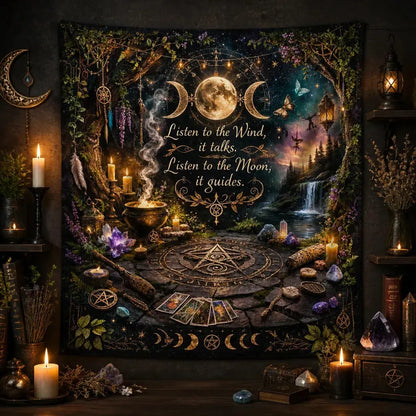 Wiccan Altar Wall Hanging - Witchy Pagan Tapestry with Tree of Life, Triple Moon, Pentagram_mockup_2.webp