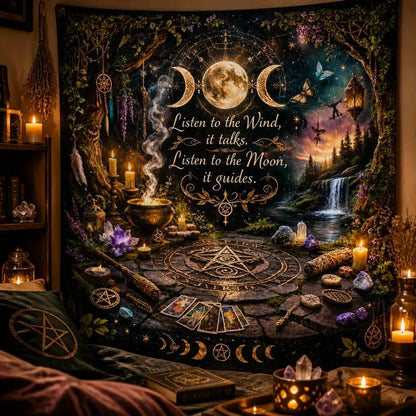 Wiccan Altar Wall Hanging - Witchy Pagan Tapestry with Tree of Life, Triple Moon, Pentagram_mockup_3.webp
