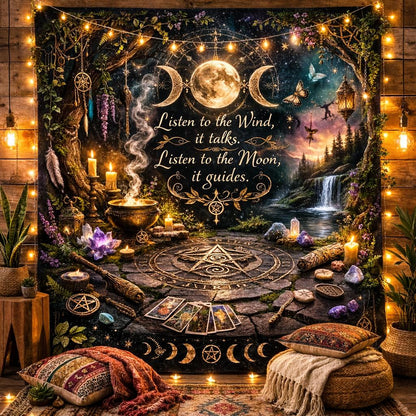 Dark Wiccan tapestry with triple moon, pentagram, Tree of Life, lit candles, and "Listen to the Wind" text.